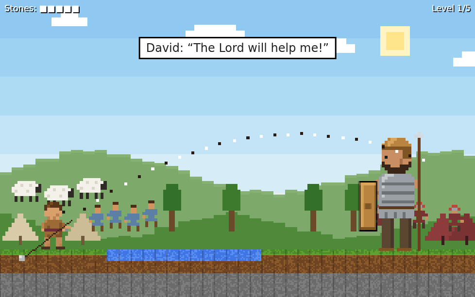 David with his sling facing Goliath in a blocky valley